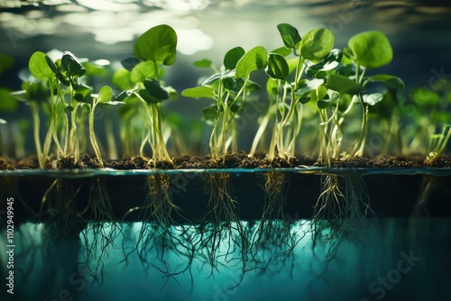 Illustration of plants flourishing in aquaponic technology, focusing on submerged root systems, showcasing modern agriculture free from earth