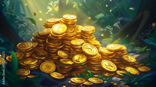 Stacks of shiny gold coins, big and small, like a cartoon treasure.  It's game currency – scattered gold rewards. photo