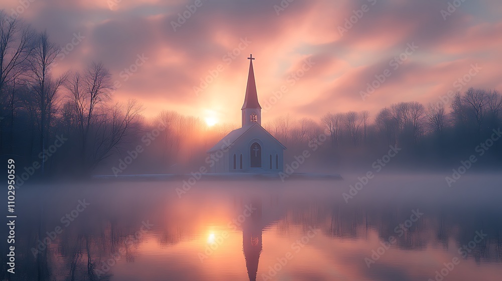 Obraz premium Church steeple silhouette with a cross, backlit by a radiant Easter sunrise, sky filled with soft pastel hues, reflections shimmering on a still pond below, mist rising gently,