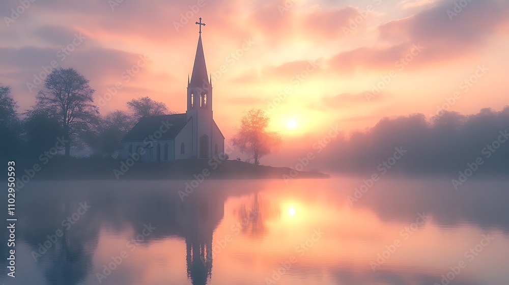 Obraz premium Church steeple silhouette with a cross, backlit by a radiant Easter sunrise, sky filled with soft pastel hues, reflections shimmering on a still pond below, mist rising gently,
