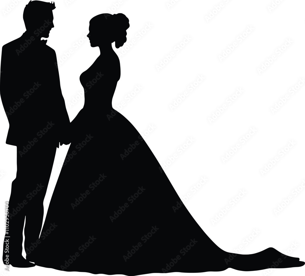 Vector illustration of silhouette of bride and groom. Generative ai