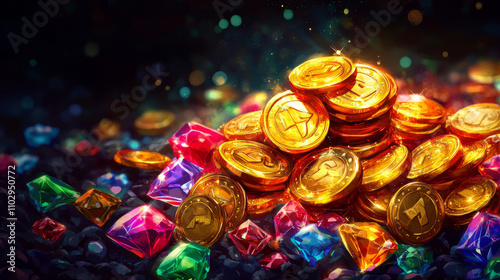 Shiny gold coins and colorful jewels are piled together, sparkling against a dark background. This looks like a game reward or bonus.