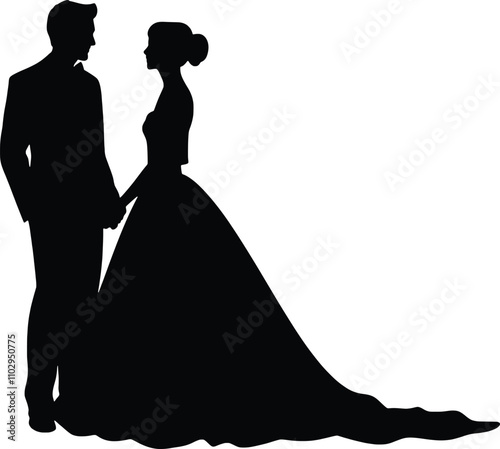 Vector illustration of silhouette of bride and groom. Generative ai