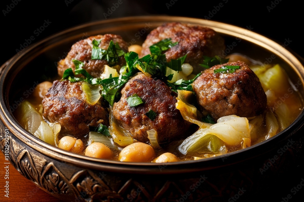 Albóndigas cocinadas con garbanzos y verduras en una salsa espesa, servidas en un cuenco decorado con perejil fresco.
Albóndigas cocinadas con garbanzos y verduras en una salsa espesa, servidas en un cuenco decorado con perejil fresco.
