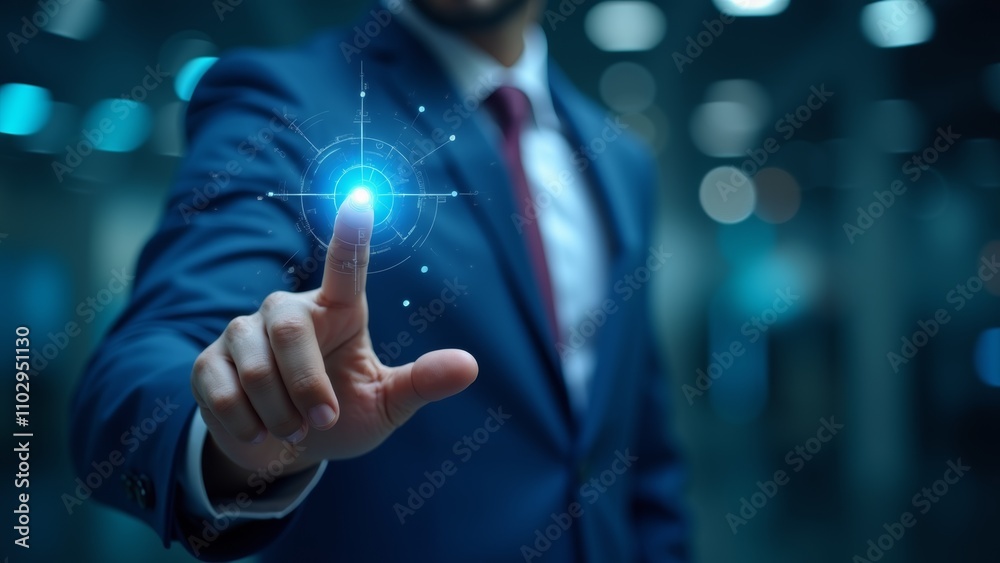 A Businessman Interacts With a Digital Interface in a Corporate Setting While Wearing a Formal Suit and Tie, Showcasing a Futuristic Activity A Businessman Interacts With a Digital Interface in a Corporate Setting While Wearing a Formal Suit and Tie, Showcasing a Futuristic Activity