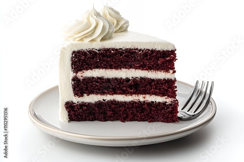 A slice of red velvet cake with cream frosting on a plate, ready to be enjoyed.