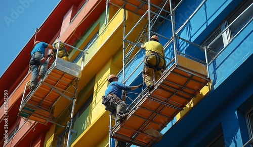 AI generated images of painter working on scaffolding to paint a modern building