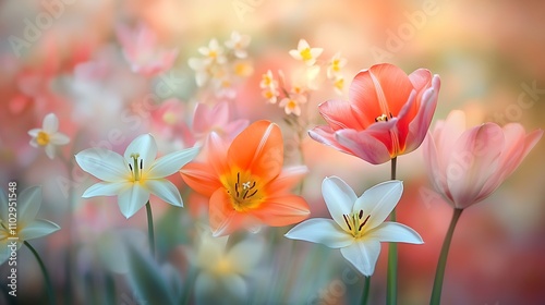 Close-up of blooming tulips, daffodils, and lilies in a meadow, bright and vivid spring colors, soft sunlight illuminating petals, dreamy background blur, capturing the essence of spring and renewal,