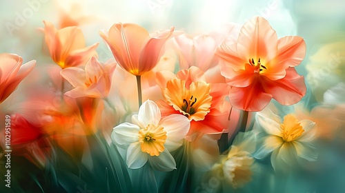 Close-up of blooming tulips, daffodils, and lilies in a meadow, bright and vivid spring colors, soft sunlight illuminating petals, dreamy background blur, capturing the essence of spring and renewal,