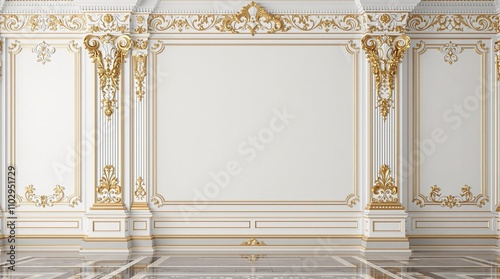 Ornate White Plaster Wall with Gilded Details, white plaster wall, ornate design