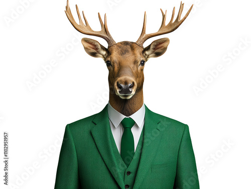 Whimsical wildlife portrait, a deer in suit and tie, embodying touch of nature's sophistication