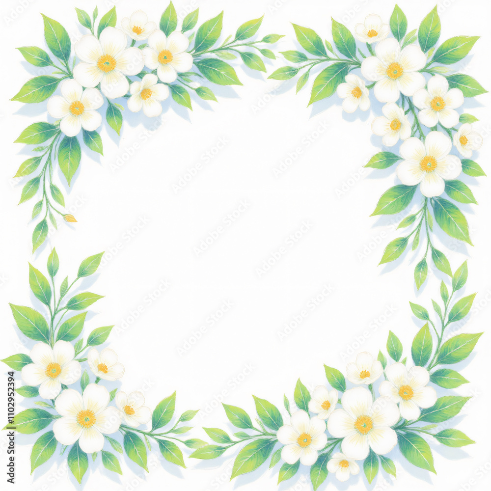 An elegant floral border featuring white flowers and green leaves, suitable for framing text or as a decorative element in design projects for graphic resources. An elegant floral border featuring white flowers and green leaves, suitable for framing text or as a decorative element in design projects for graphic resources.