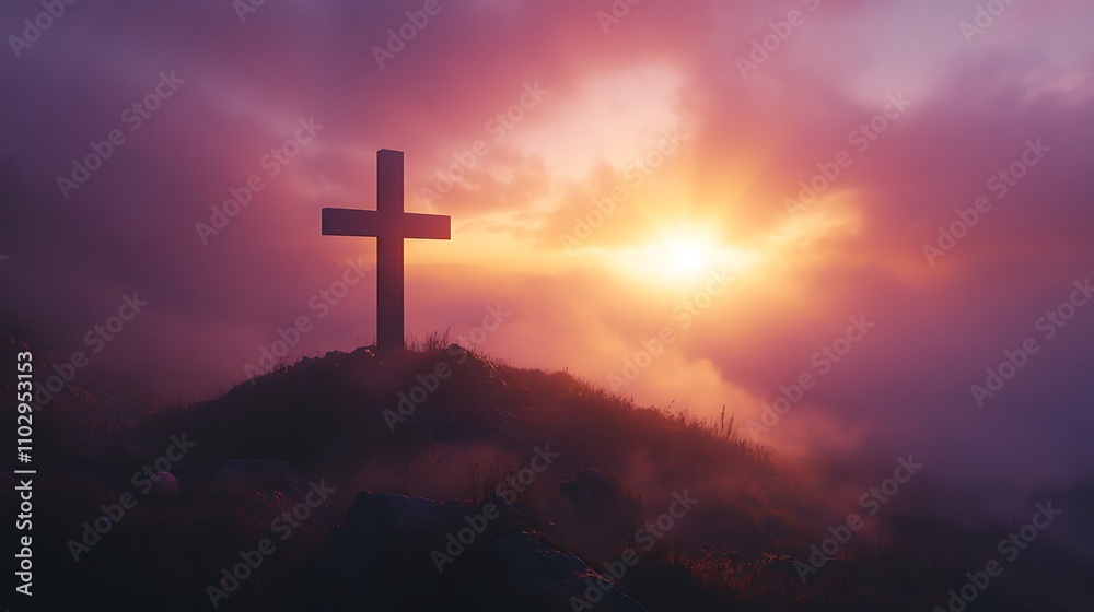 Cross silhouette on a hilltop, outlined by the golden and purple tones of an Easter sunrise, rays of sunlight streaming through the clouds, mist rising in the background, Cross silhouette on a hilltop, outlined by the golden and purple tones of an Easter sunrise, rays of sunlight streaming through the clouds, mist rising in the background,
