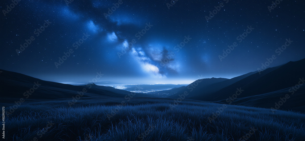 A breathtaking view of the night sky filled with stars and the Milky Way, casting a serene glow over rolling hills, creating a tranquil and awe-inspiring landscape for landscapes. A breathtaking view of the night sky filled with stars and the Milky Way, casting a serene glow over rolling hills, creating a tranquil and awe-inspiring landscape for landscapes.