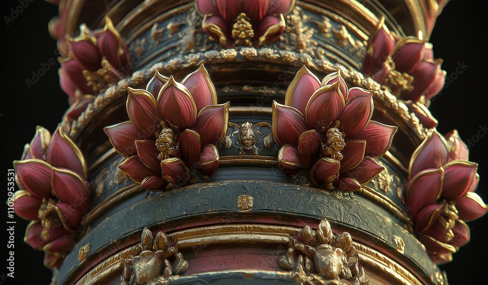 Fototapeta premium AI generator images of Long pillar with dragon elements, gold and rock, relief on top, pillar with Chinese dragon and beautiful patterns black background