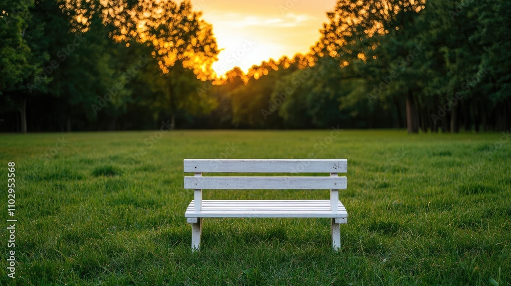 White bench in a serene park during sunset, surrounded by lush greenery. White bench in a serene park during sunset, surrounded by lush greenery.