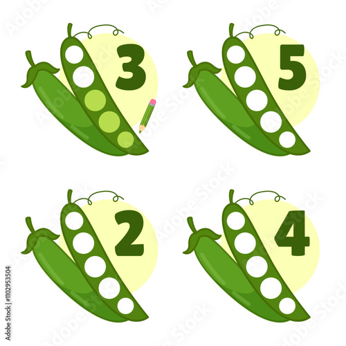 Counting educational children game, math kids activity sheet. How many objects task. Color the peas in the pod according to the number.
