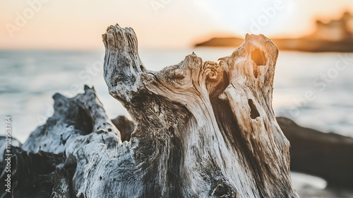 Close-up of weathered driftwood on a beach at sunset. The wood's texture and grain are highlighted by the golden light, contrasting with the calm ocean.
