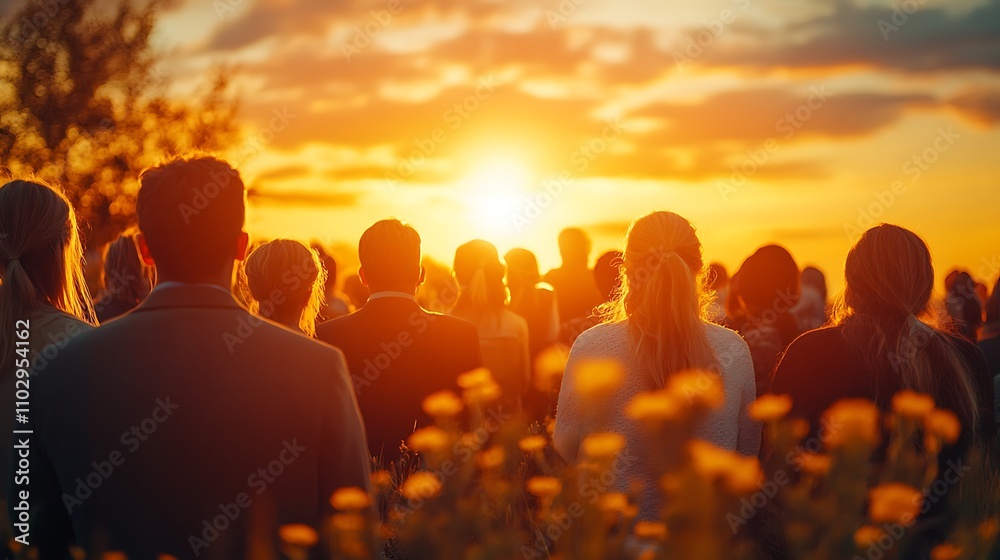 Early morning church service at sunrise, congregation gathered outdoors, golden sunlight illuminating peaceful faces, vibrant colors in the sky, people dressed in warm spring attire, Early morning church service at sunrise, congregation gathered outdoors, golden sunlight illuminating peaceful faces, vibrant colors in the sky, people dressed in warm spring attire,