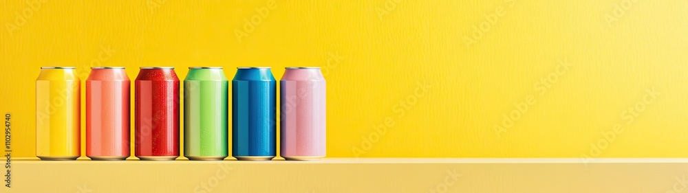 Colorful Cans Arranged on Yellow Shelf Against Yellow Wall Colorful Cans Arranged on Yellow Shelf Against Yellow Wall
