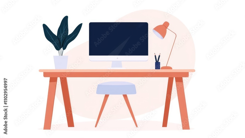 Fototapeta premium Functional home desk, monitor with task lamp, flat design illustration