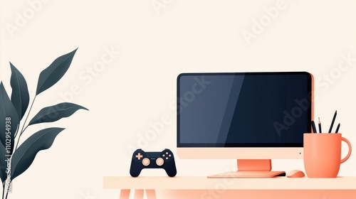 Computer home monitor functional concept. Multi-use home setup, monitor with gaming and productivity tools, flat design illustration