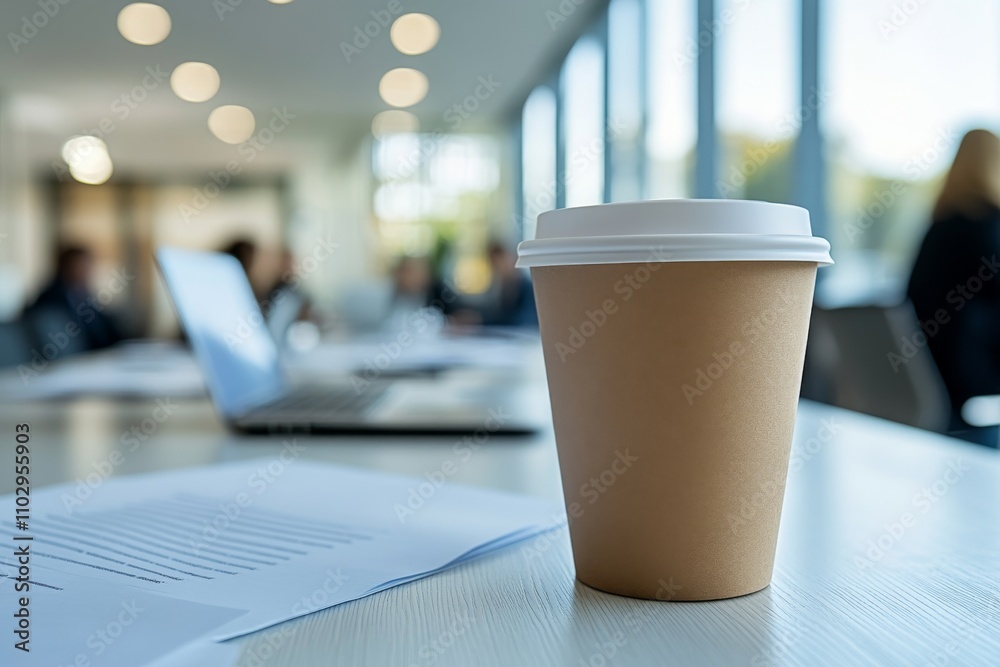 Office Coffee Break Documents Laptop Coffee Cup on Desk Office Coffee Break Documents Laptop Coffee Cup on Desk