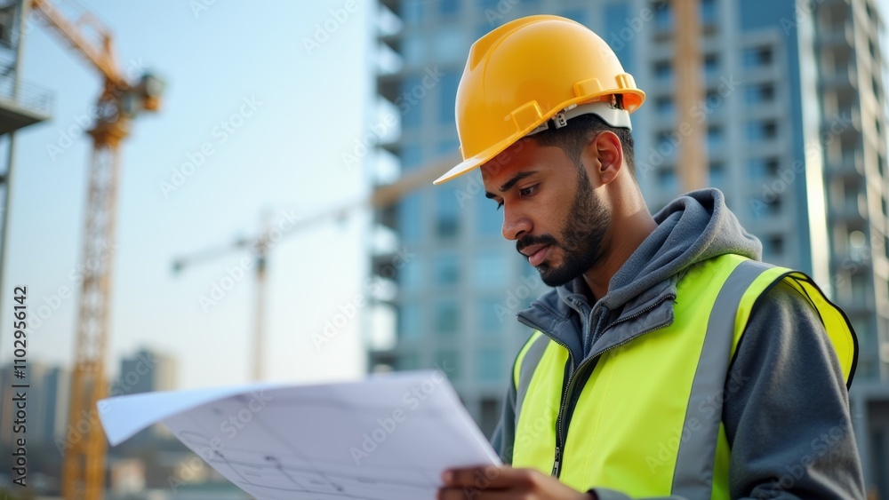 Construction Worker Reviewing Blueprints On-Site at a High-Rise Development During the Day in an Urban Area