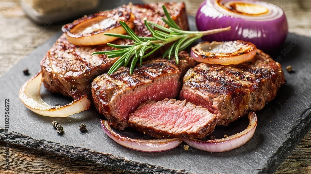 Juicy grilled steak served with onions and rosemary on a slate plate. Juicy grilled steak served with onions and rosemary on a slate plate.