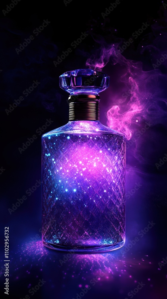 A sparkling glass bottle emitting colorful light and smoke, creating an enchanting atmosphere. A sparkling glass bottle emitting colorful light and smoke, creating an enchanting atmosphere.