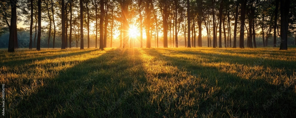 Obraz premium Serene landscape with sunbeams shining through tall trees at sunrise.