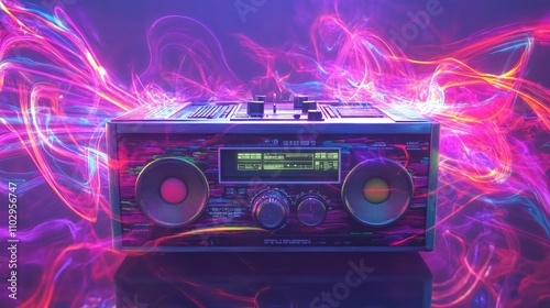 Retro Boombox with Vibrant Energy Waves - 80s Music Nostalgia