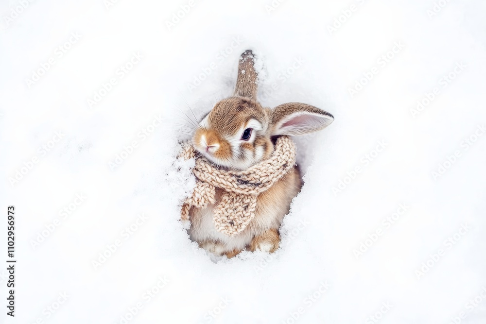 a rabbit wearing a tiny scarf, sitting in snow, adorable winter detail, isolated on white background a rabbit wearing a tiny scarf, sitting in snow, adorable winter detail, isolated on white background