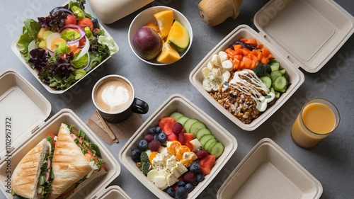 A top view of healthy takeaway food and drinks in disposable eco-friendly paper containers on a gray background. There is a salad, a panini, a Buddha bowl, fruits, coffee, and juice ai generated