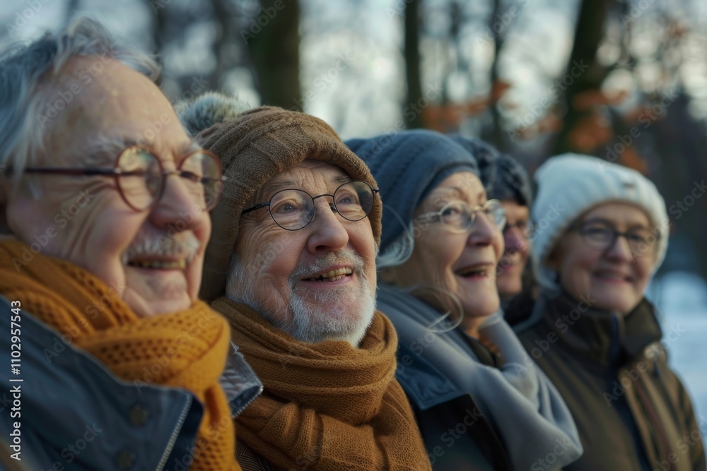 Group of senior friends having fun in the park on a winter day Group of senior friends having fun in the park on a winter day