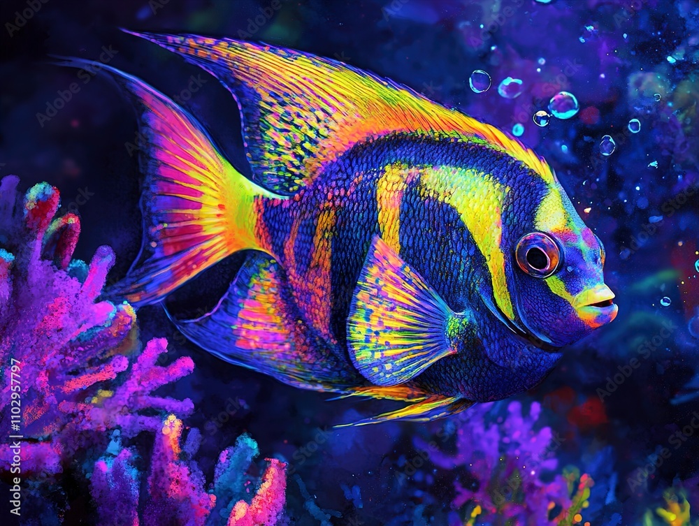 Vibrant Rainbow Angelfish in a Fluorescent Coral Reef Vibrant Rainbow Angelfish in a Fluorescent Coral Reef