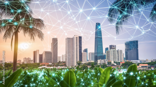 Abstract Ho Chi Minh city modern urban skyline blending greenery and technology, overlaid with digital network connections symbolizing a sustainable and smart city.