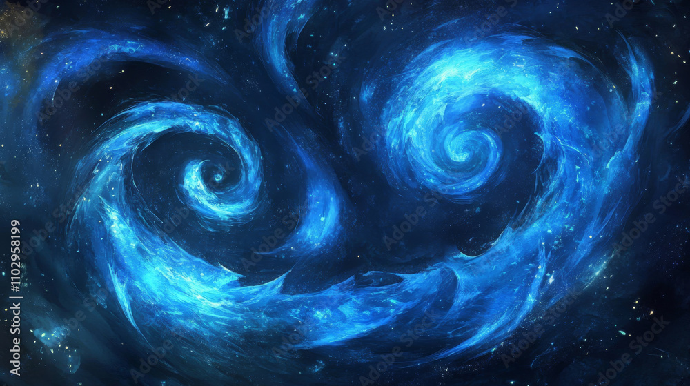 Glowing blue spirals, like magic wand trails, sparkle against a dark background. These ethereal swirls create a mystical, fantasy effect. Glowing blue spirals, like magic wand trails, sparkle against a dark background. These ethereal swirls create a mystical, fantasy effect.