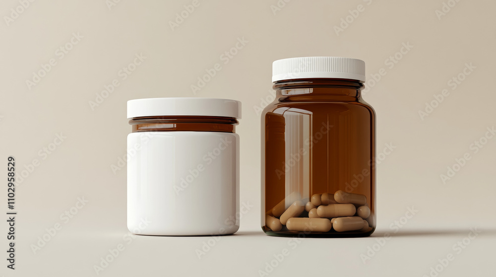 Empty white plastic bottle and brown glass jar mockups. Perfect for showing off your pill or vitamin brand. Realistic 3D images. Empty white plastic bottle and brown glass jar mockups. Perfect for showing off your pill or vitamin brand. Realistic 3D images.