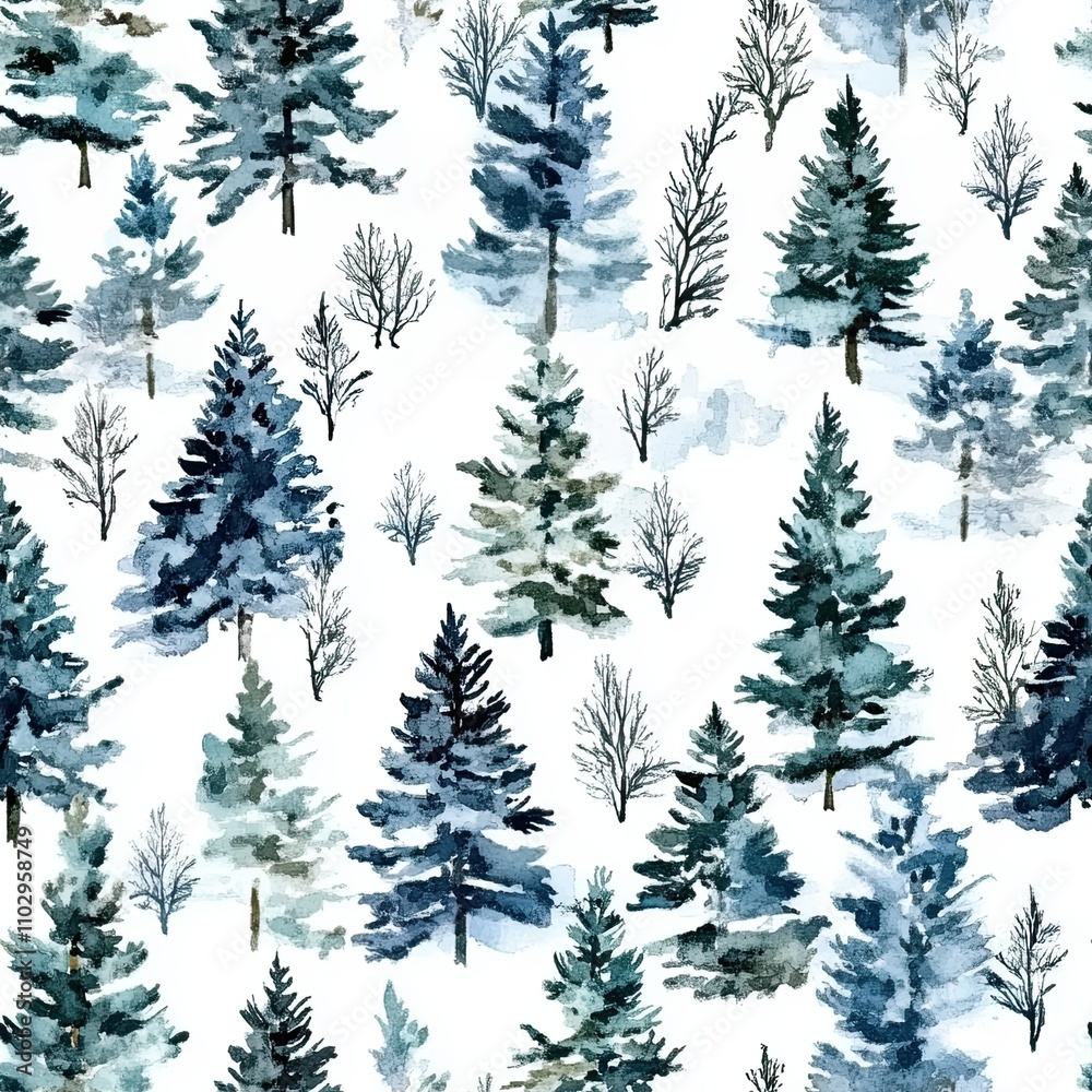 Fototapeta premium Seamless Christmas tree pattern. Winter watercolor forest illustration