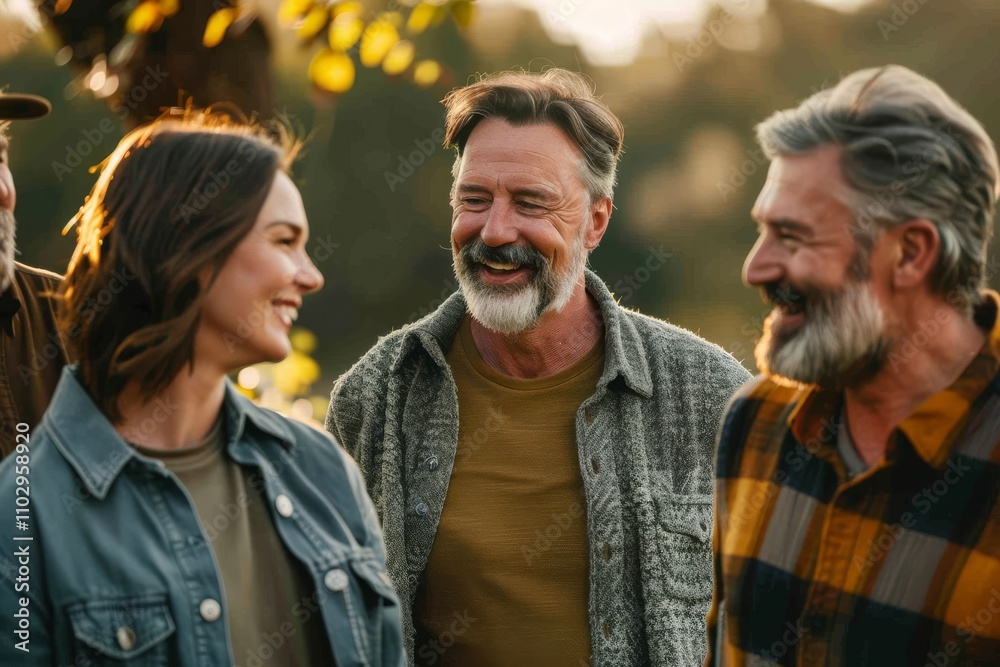 Group of senior friends spending time together outdoors. They are smiling and looking at camera.