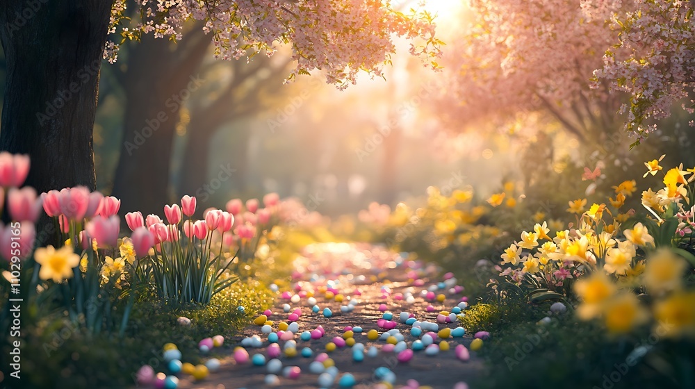 Obraz premium Peaceful Easter garden path at sunrise, lined with blooming daffodils and tulips, pastel-colored eggs scattered among the flowers, soft light creating a warm glow, tranquil and inviting ambiance,