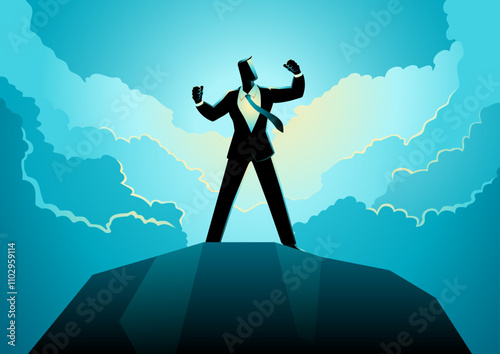 Businessman in a vigorous pose, standing confidently atop a rock. Symbolizing strength, achievement, success, determination, leadership, and overcoming challenges in corporate or personal growth