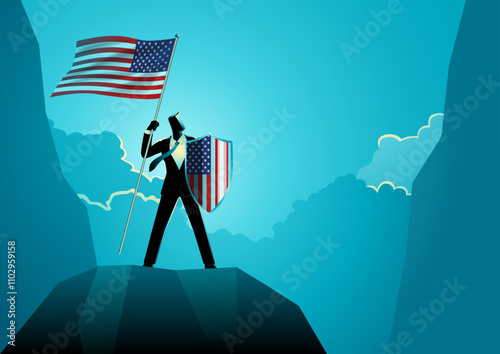 Businessman standing proudly atop a rock, holding a shield and the American flag. Symbolizing leadership, resilience, and patriotism, perfect for themes of success, ambition, and American pride