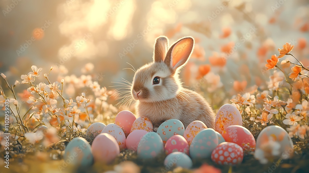 Naklejka premium Playful scene of a fluffy rabbit wearing bunny ears, sitting among pastel-colored Easter eggs, vibrant spring flowers in the background, sunlight highlighting the scene,