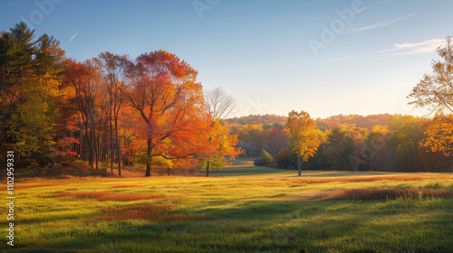 Warm Golden Hour Landscape with Fall Foliage