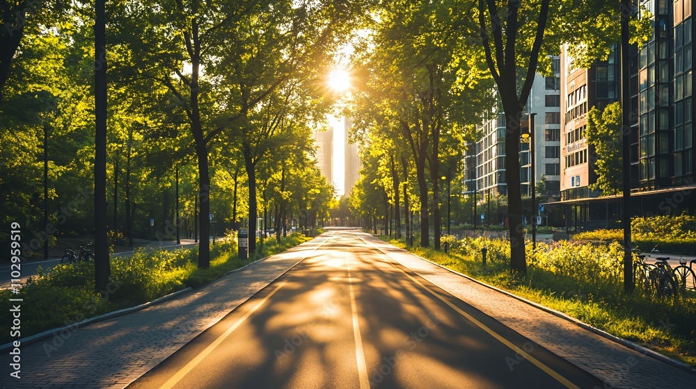 Obraz premium A sunlit urban street lined with trees, creating a serene atmosphere in a city landscape.