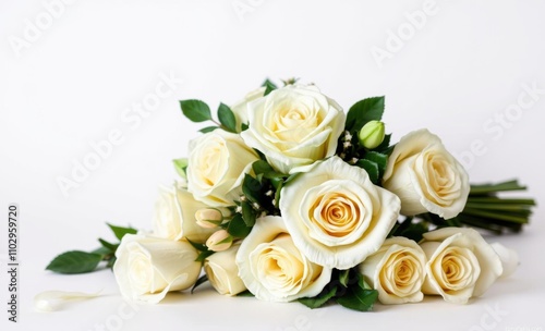 A wedding bouquet consisting of white roses is separated and placed against a white backdrop birthday backdrop Ultra realistic Photorealistic 