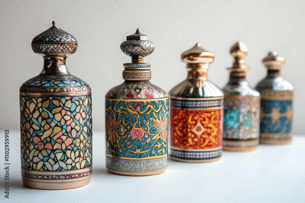 Ornate Perfume Bottles with Unique Designs on White Background Ornate Perfume Bottles with Unique Designs on White Background