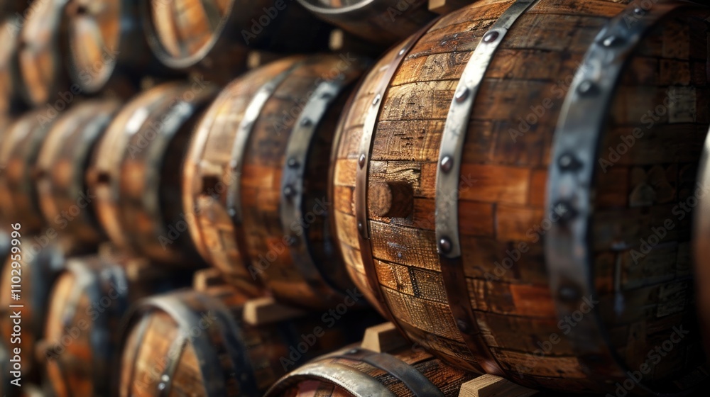 Aged Oak Wine Barrels Stacked in Cellar Aged Oak Wine Barrels Stacked in Cellar